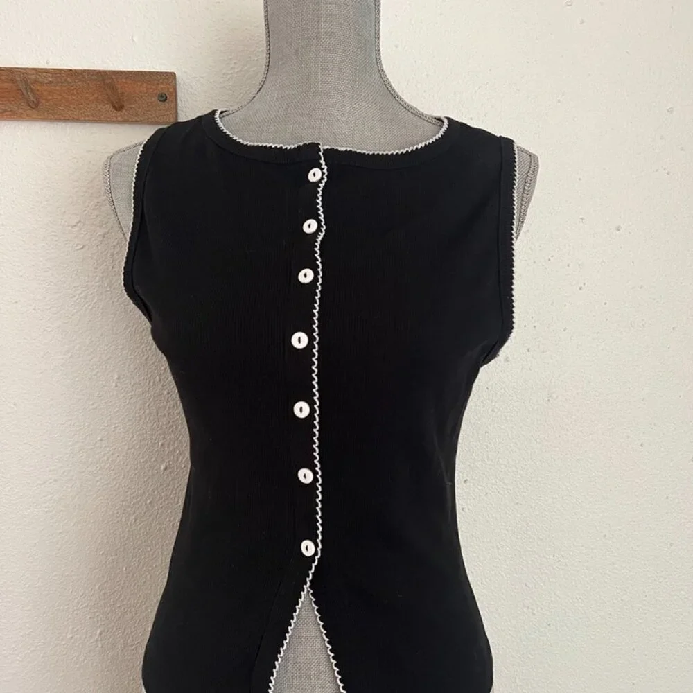 ASOS Black Contrast Trim Sleeveless Button Tank Top - Picture 2 of 5